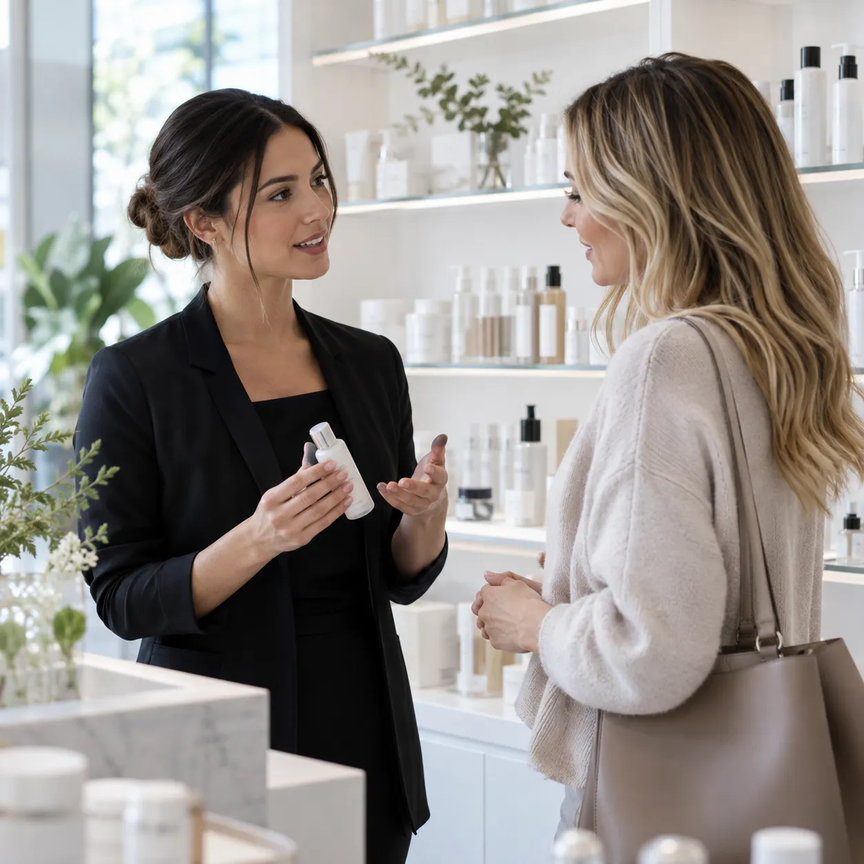 Skincare advisor explaining a product to a client